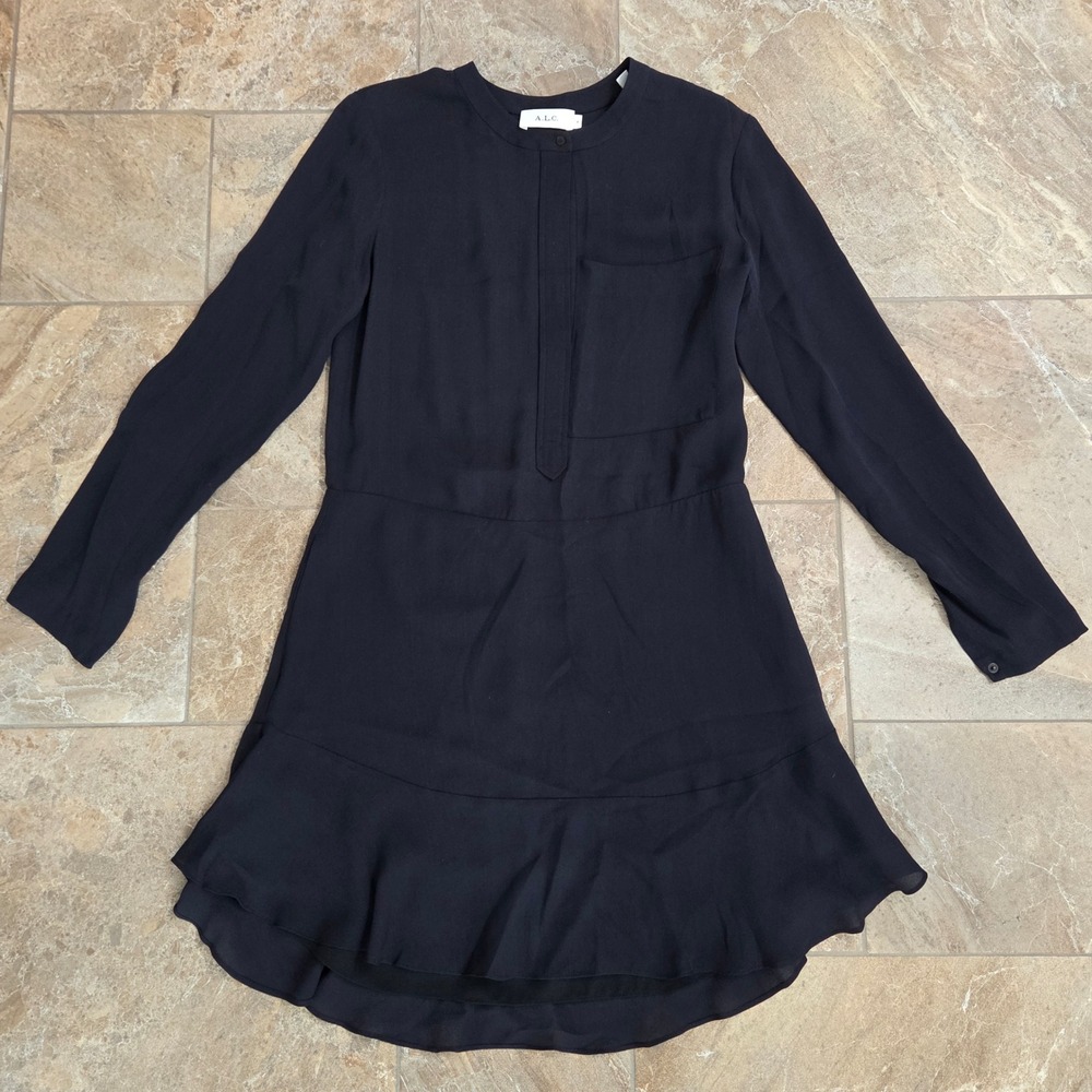 A.L.C. Black 100% Silk Long Sleeve Ruffle Hem Mini Dress Size‎ 4 60114PE